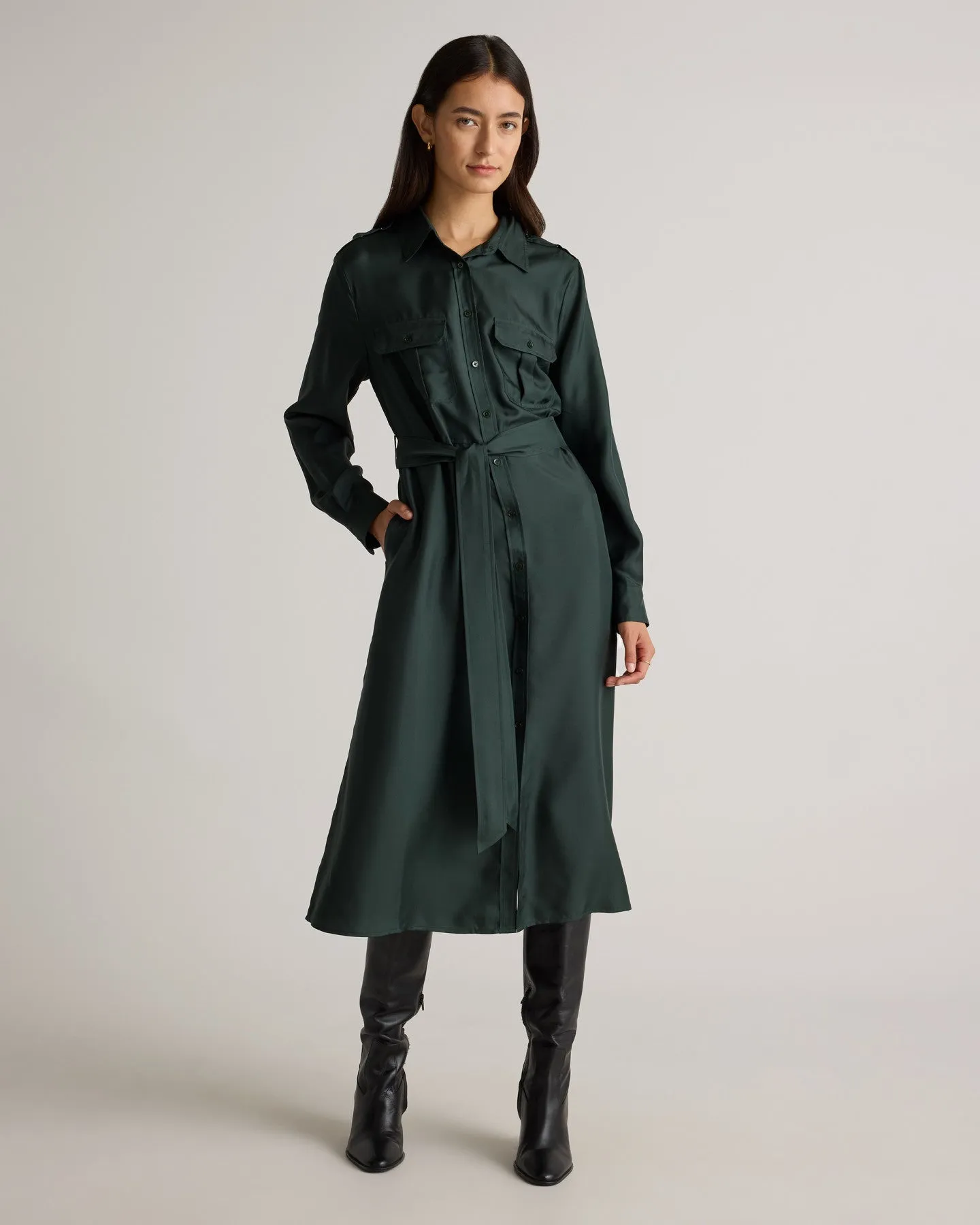 100% Silk Twill Utility Shirt Dress