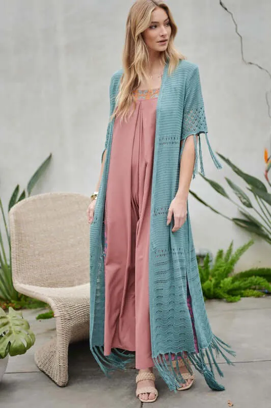 3/4 Sleeve Solid Long Cardigan With Fringe