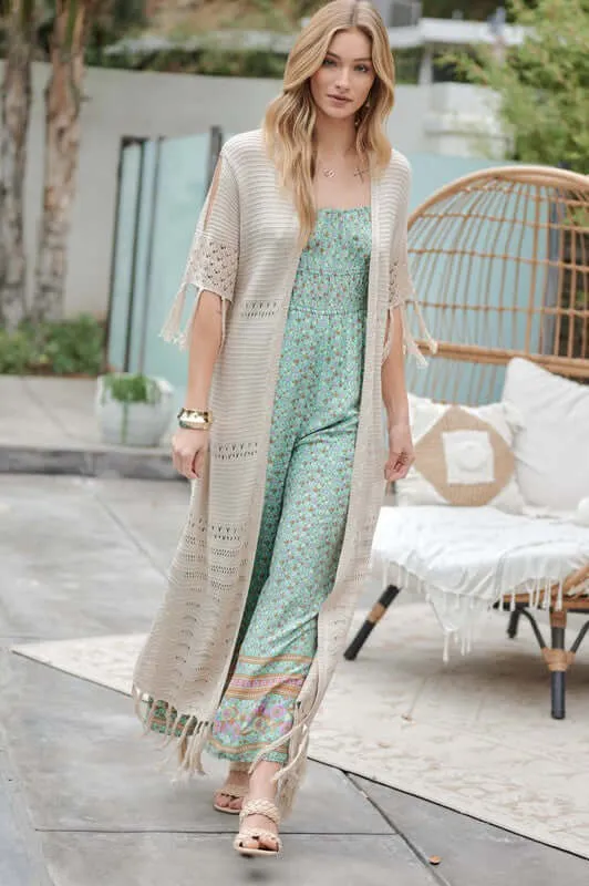 3/4 Sleeve Solid Long Cardigan With Fringe