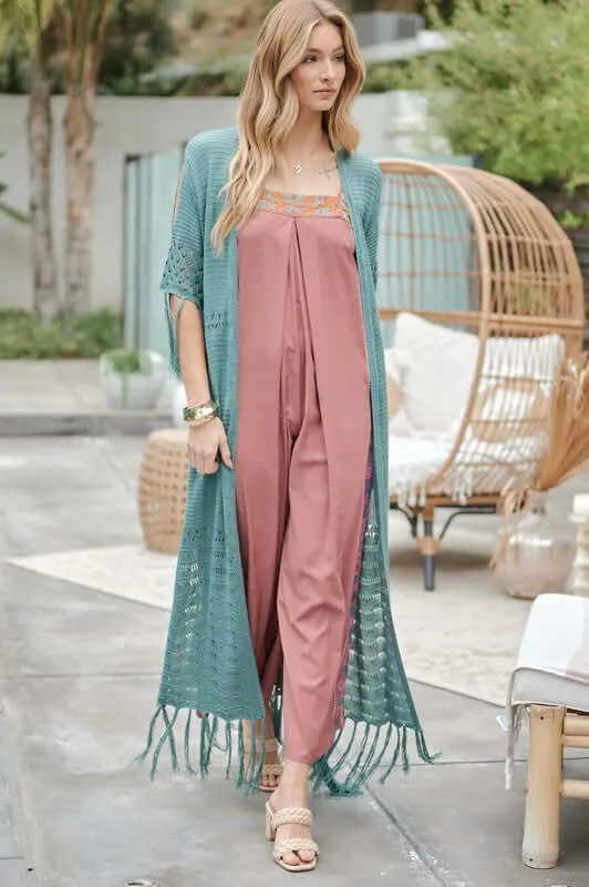 3/4 Sleeve Solid Long Cardigan With Fringe