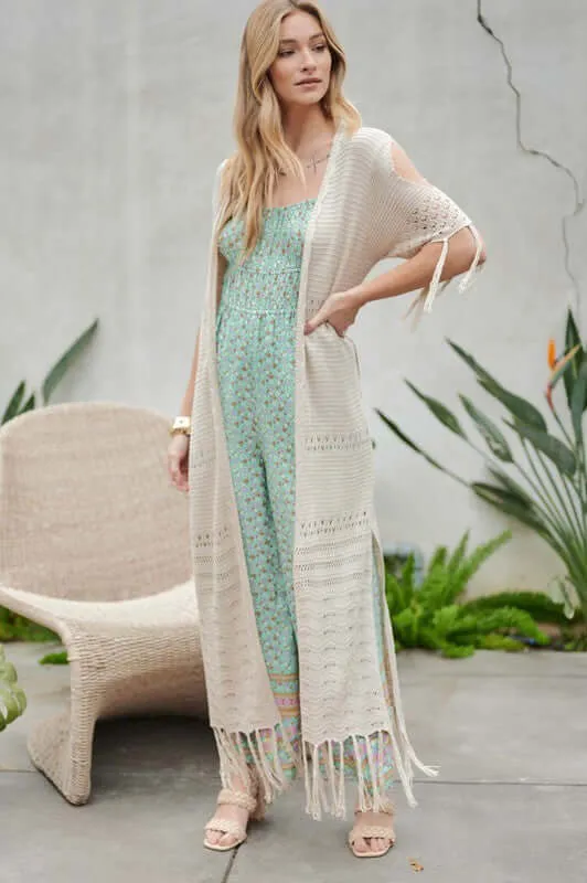 3/4 Sleeve Solid Long Cardigan With Fringe