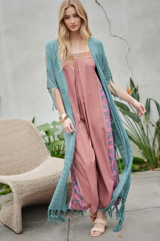 3/4 Sleeve Solid Long Cardigan With Fringe