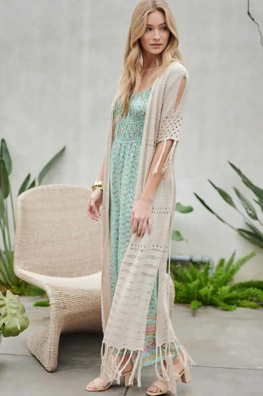 3/4 Sleeve Solid Long Cardigan With Fringe