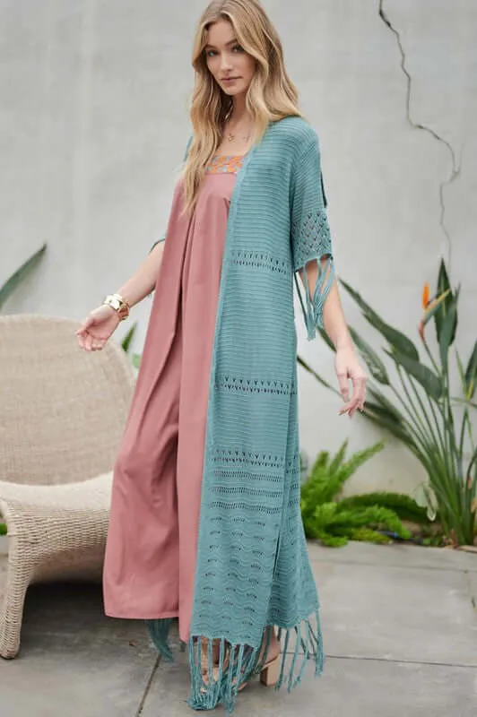 3/4 Sleeve Solid Long Cardigan With Fringe