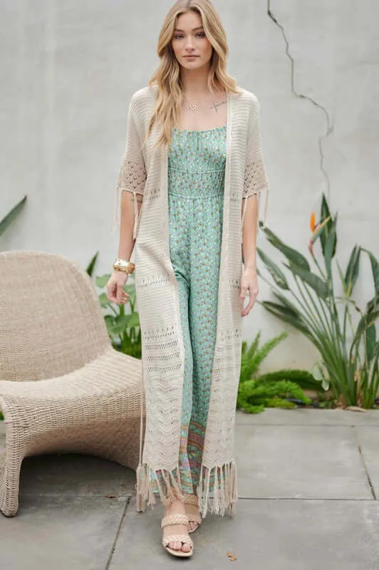 3/4 Sleeve Solid Long Cardigan With Fringe