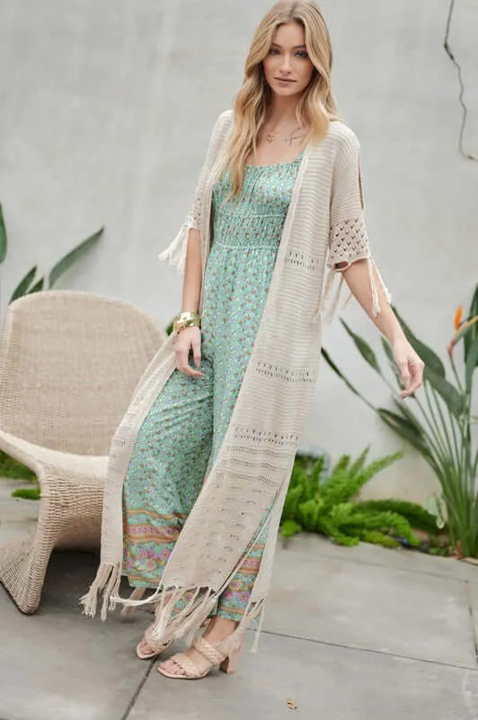 3/4 Sleeve Solid Long Cardigan With Fringe