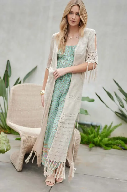 3/4 Sleeve Solid Long Cardigan With Fringe