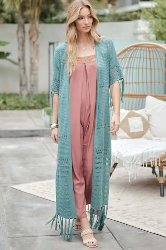 3/4 Sleeve Solid Long Cardigan With Fringe