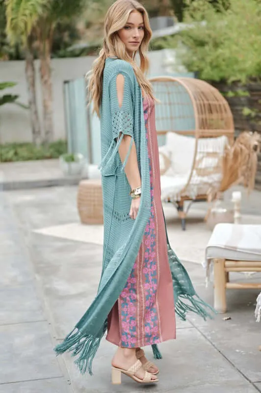 3/4 Sleeve Solid Long Cardigan With Fringe