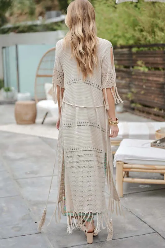 3/4 Sleeve Solid Long Cardigan With Fringe