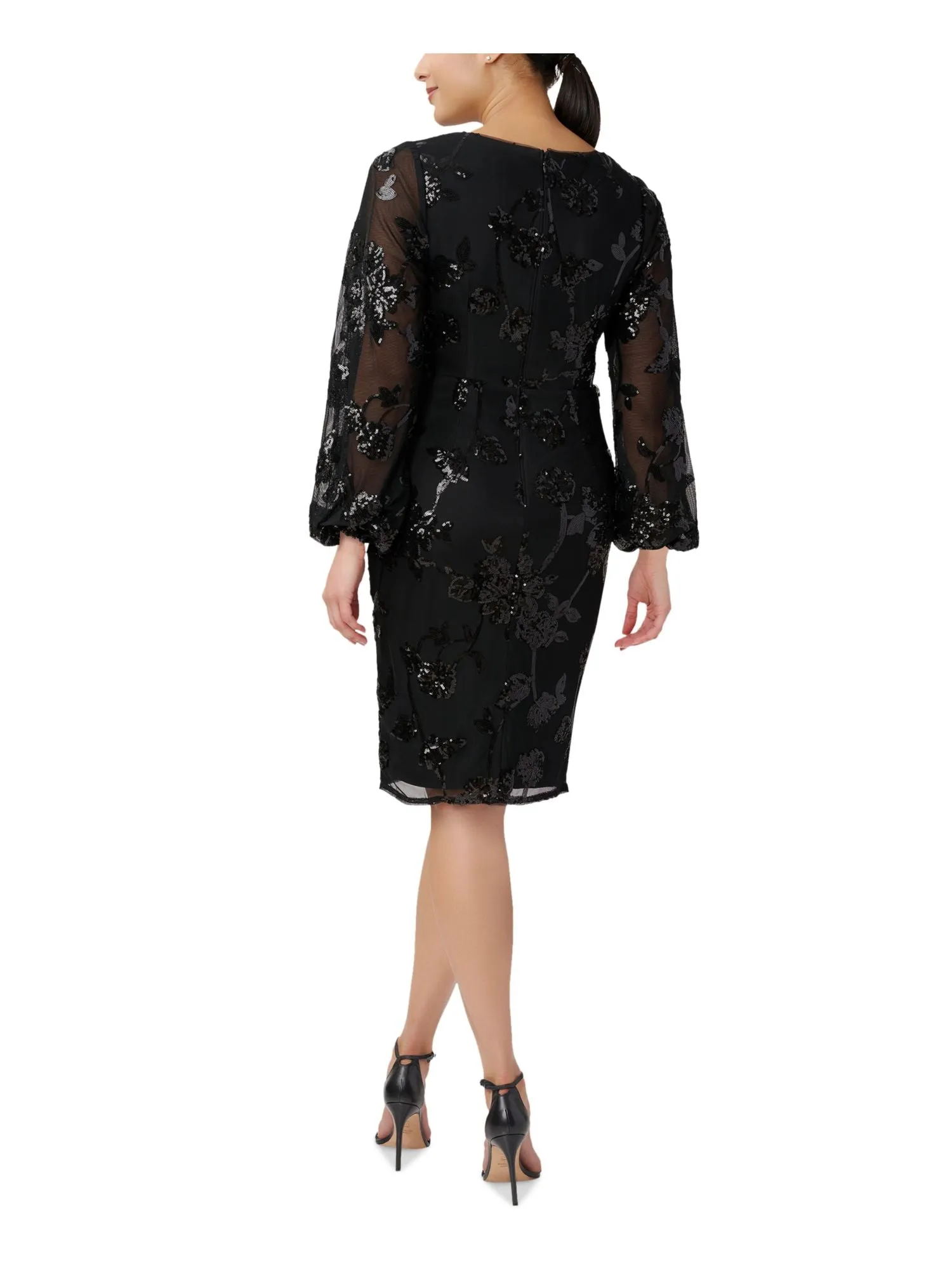 ADRIANNA PAPELL Womens Black Sequined Slitted Zippered Lined Long Sleeve V Neck Knee Length Evening Sheath Dress