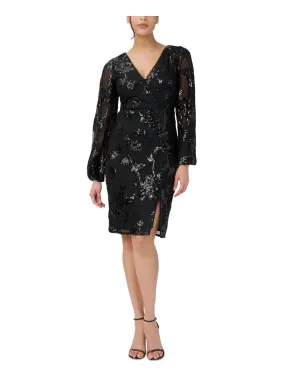 ADRIANNA PAPELL Womens Black Sequined Slitted Zippered Lined Long Sleeve V Neck Knee Length Evening Sheath Dress