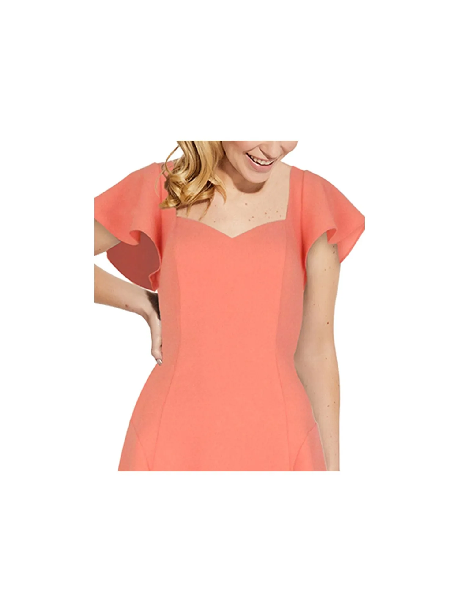 ADRIANNA PAPELL Womens Coral Zippered Textured Flutter Sleeve Sweetheart Neckline Above The Knee Party Fit   Flare Dress