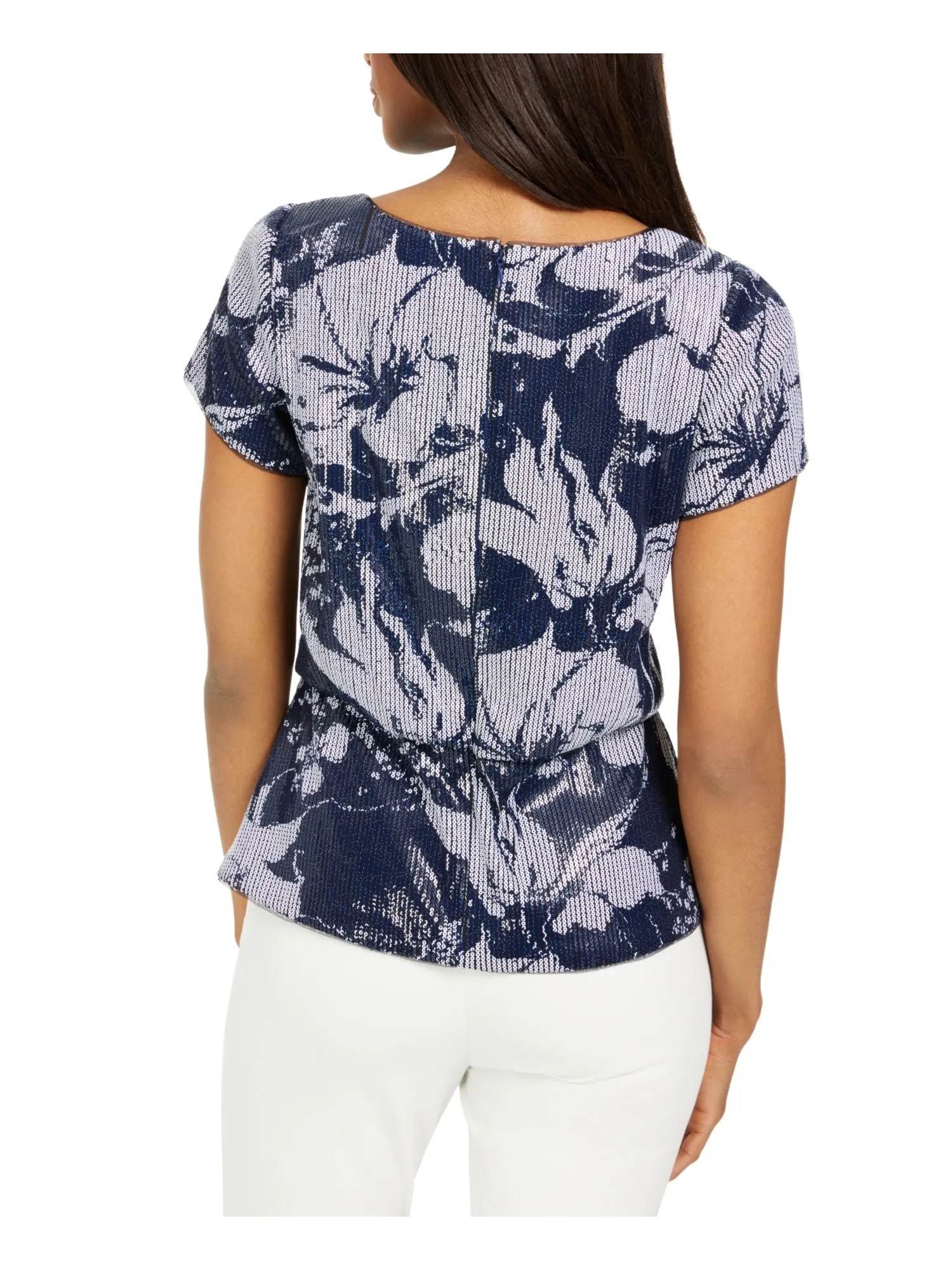 ADRIANNA PAPELL Womens Floral Short Sleeve Peplum Top