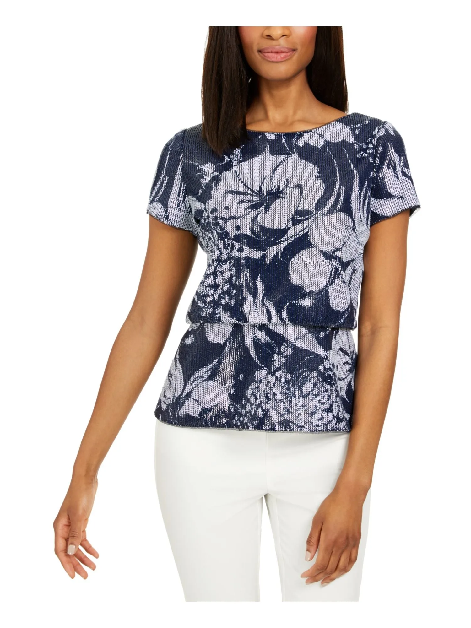 ADRIANNA PAPELL Womens Floral Short Sleeve Peplum Top