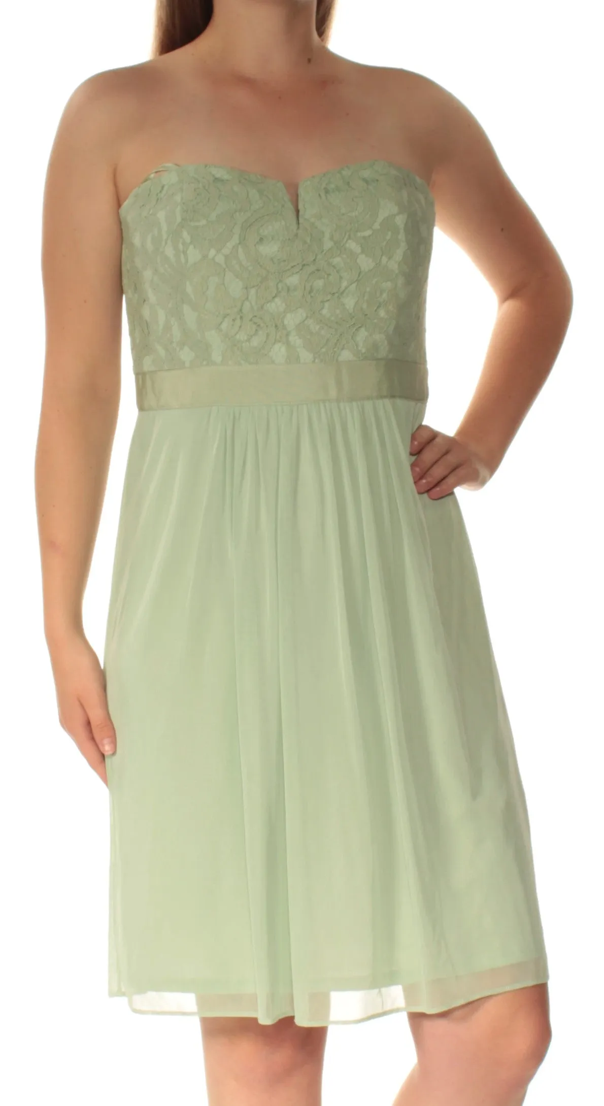 ADRIANNA PAPELL Womens Green Lace Sleeveless Strapless Knee Length Evening Shift Dress