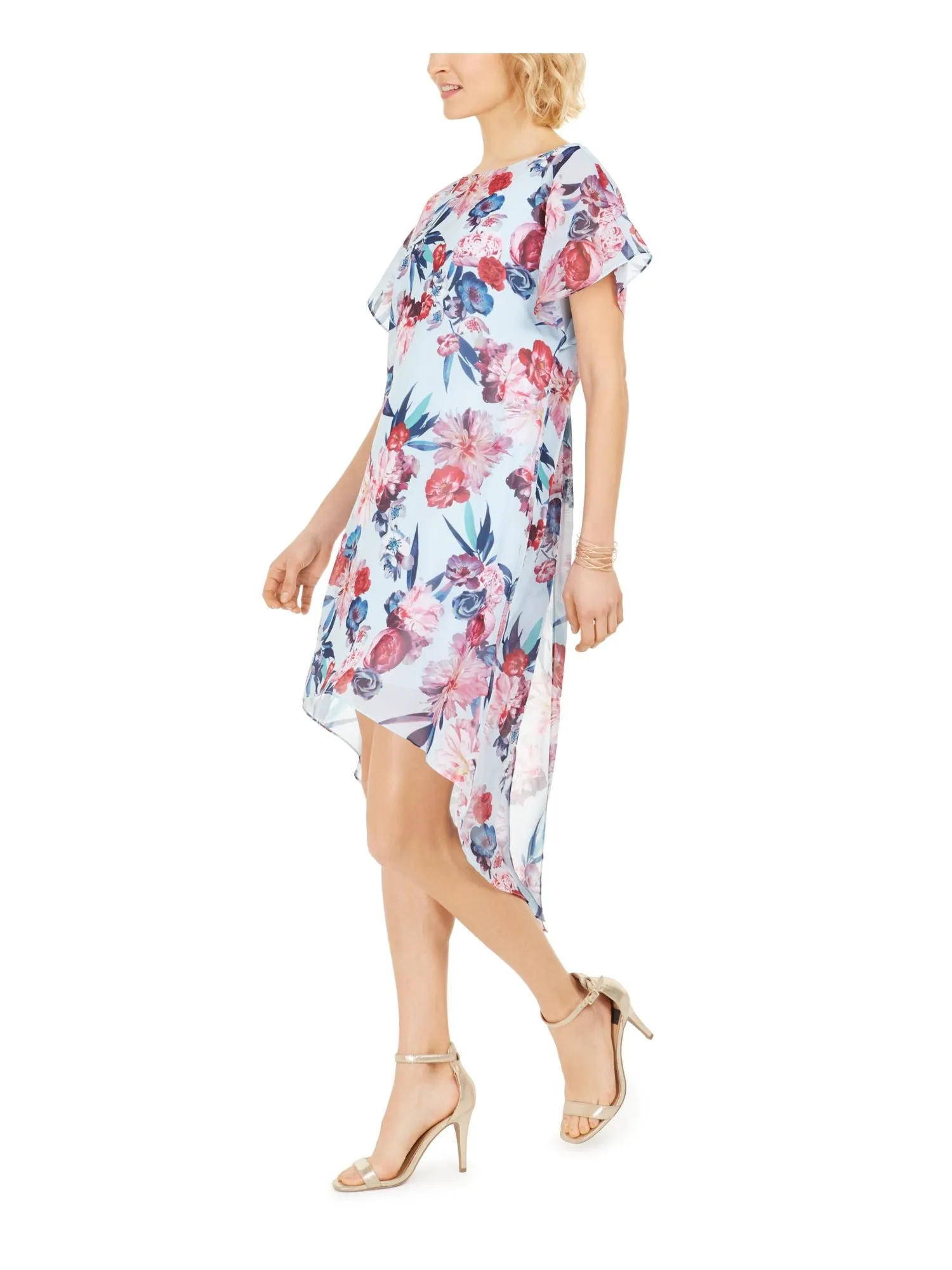 ADRIANNA PAPELL Womens Light Blue Floral Jewel Neck Tea-Length Hi-Lo Dress