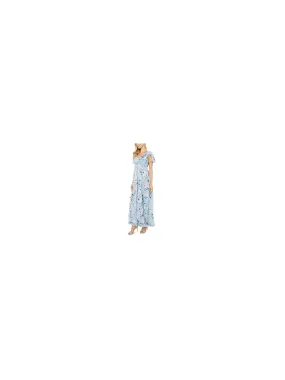 ADRIANNA PAPELL Womens Light Blue Pleated Zippered Chiffon Floral Flutter Sleeve V Neck Maxi Empire Waist Dress