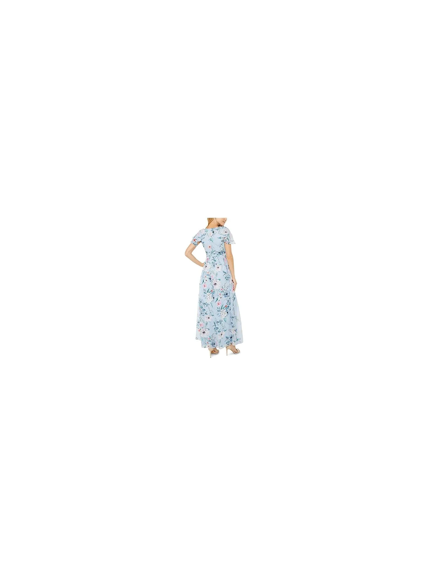 ADRIANNA PAPELL Womens Light Blue Pleated Zippered Chiffon Floral Flutter Sleeve V Neck Maxi Empire Waist Dress