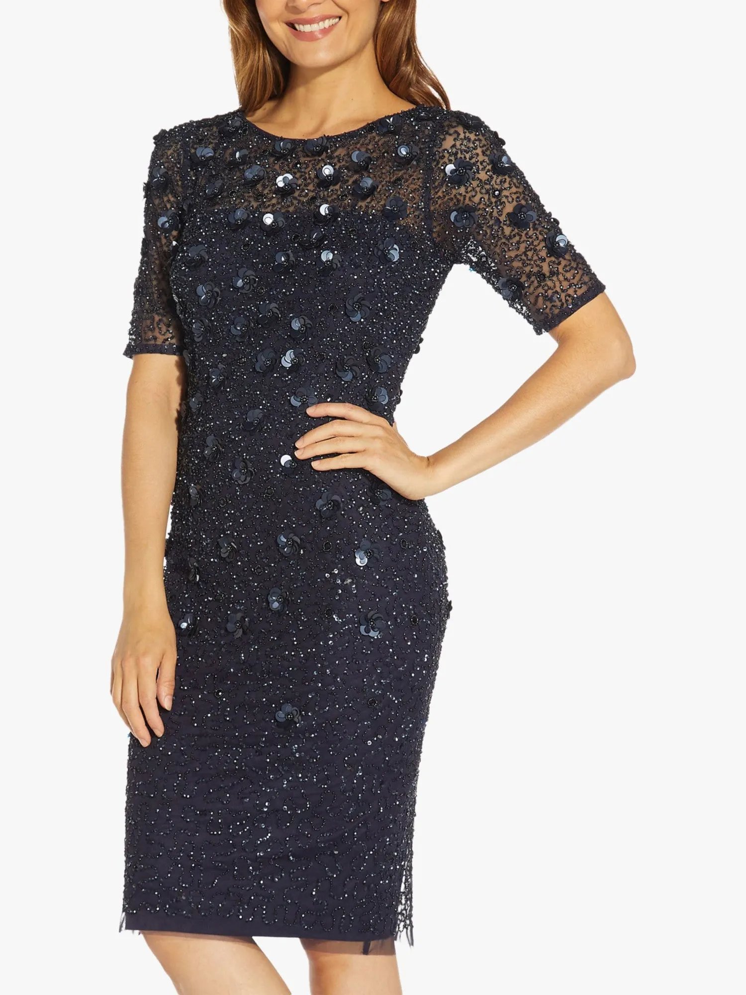 ADRIANNA PAPELL Womens Navy Sequined Beaded Sheer Zippered Lined Short Sleeve Round Neck Below The Knee Cocktail Sheath Dress