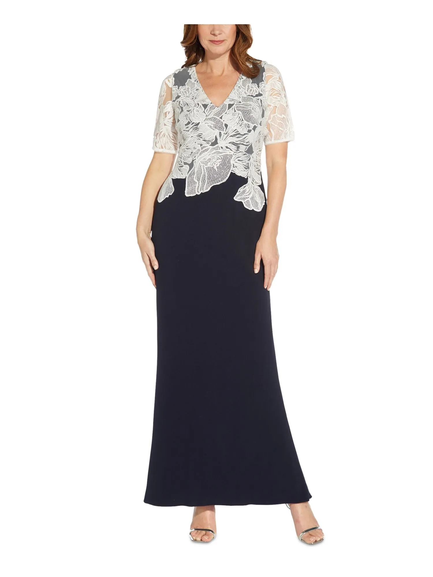 ADRIANNA PAPELL Womens Stretch Embroidered Short Sleeve V Neck Full-Length Wear To Work Gown Dress