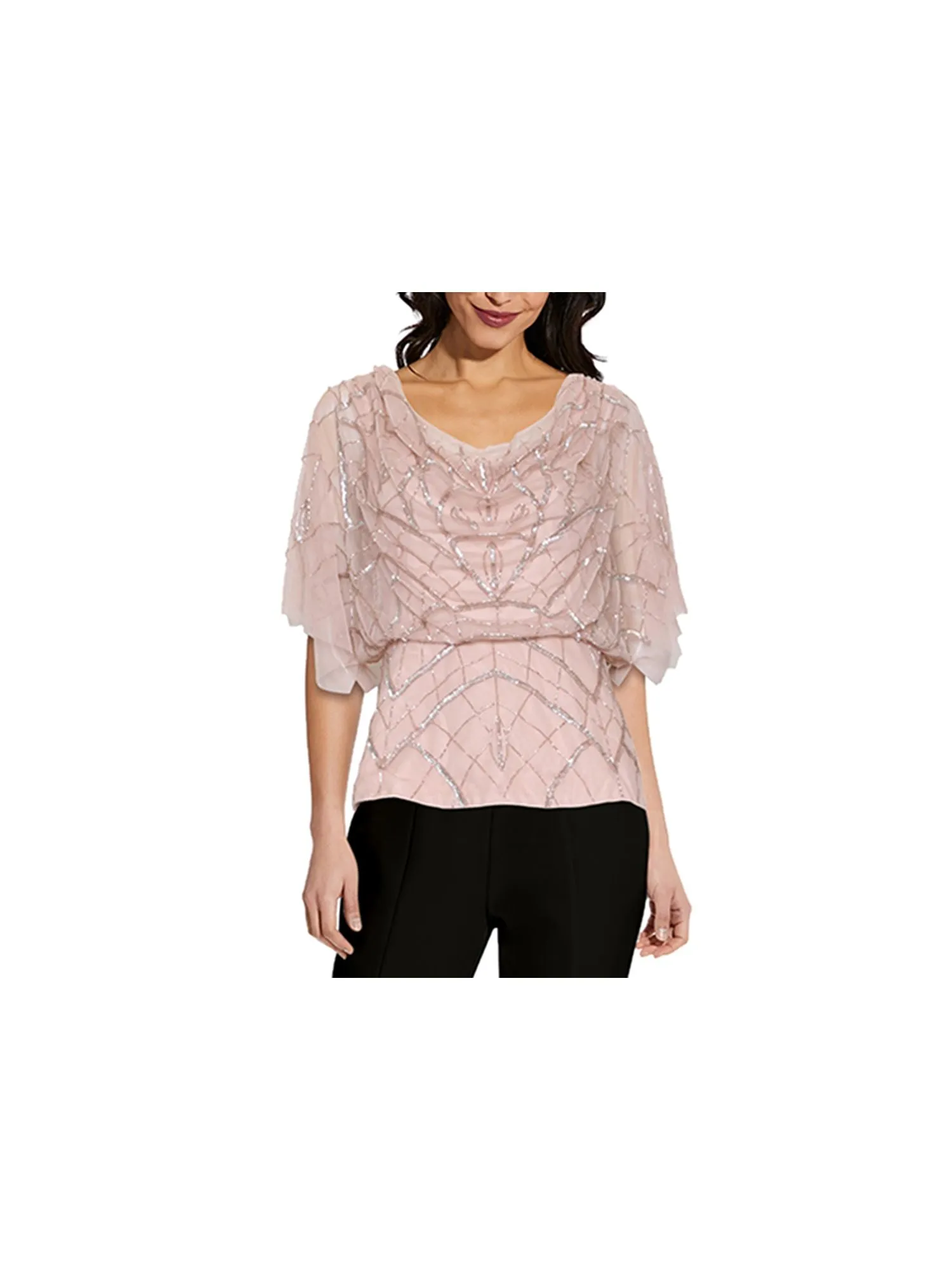 ADRIANNA PAPELL Womens Zippered Flutter Sleeve Cowl Neck Party Top