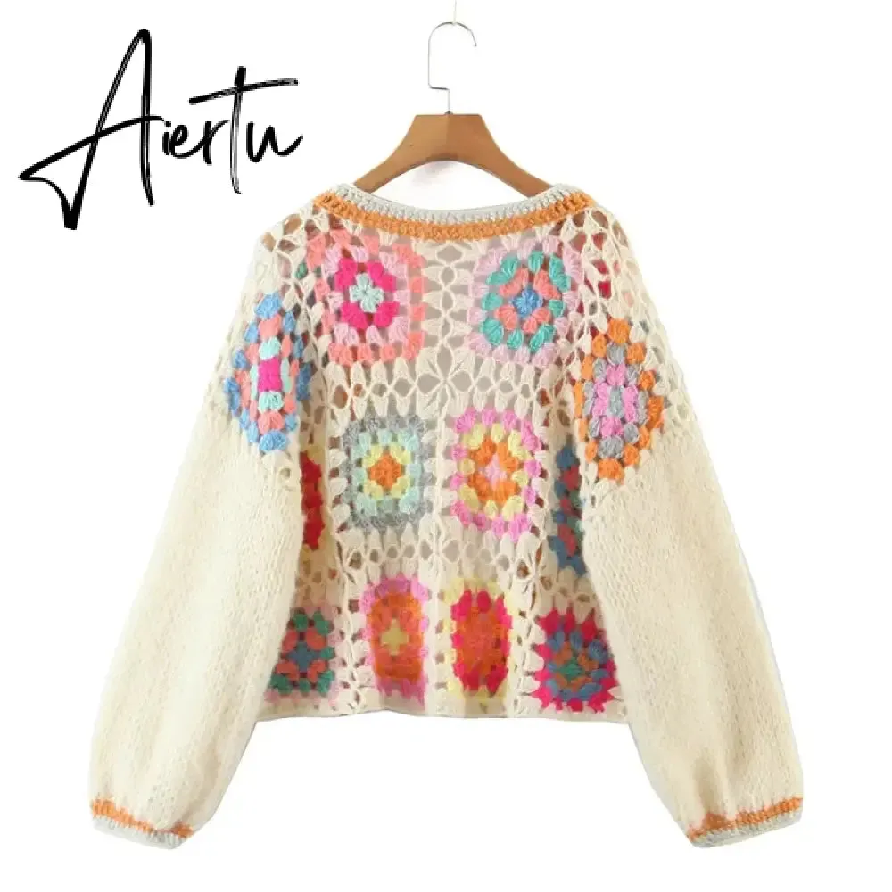 Aiertu Casual Patchwork Women Knitted Cardigans Autumn Long Lantern Sleeve Crochet Sweaters Female O-neck Loose Elegant Streetwear