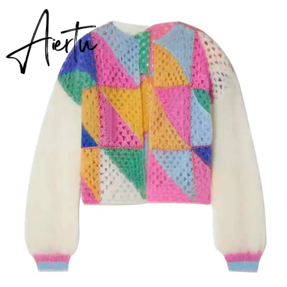 Aiertu Casual Patchwork Women Knitted Cardigans Autumn Long Lantern Sleeve Crochet Sweaters Female O-neck Loose Elegant Streetwear