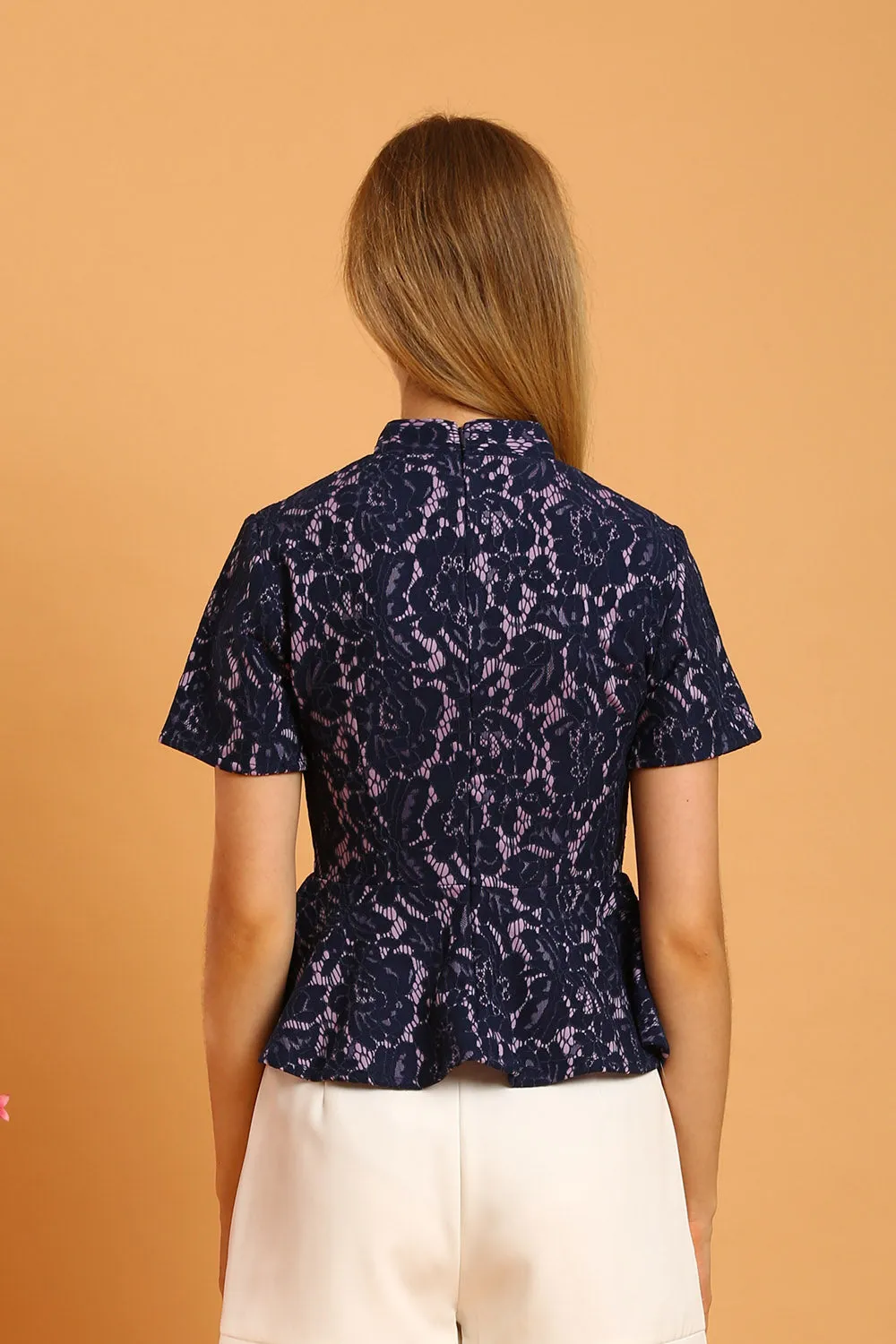 Aubrey Mandarin Collar Lace Top in Navy Blue