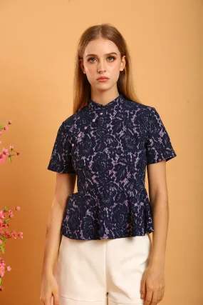 Aubrey Mandarin Collar Lace Top in Navy Blue