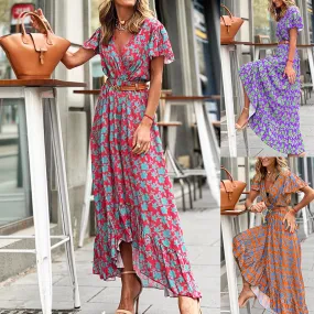 Autumn Fashion Floral V-Neck Casual Irregular Dress