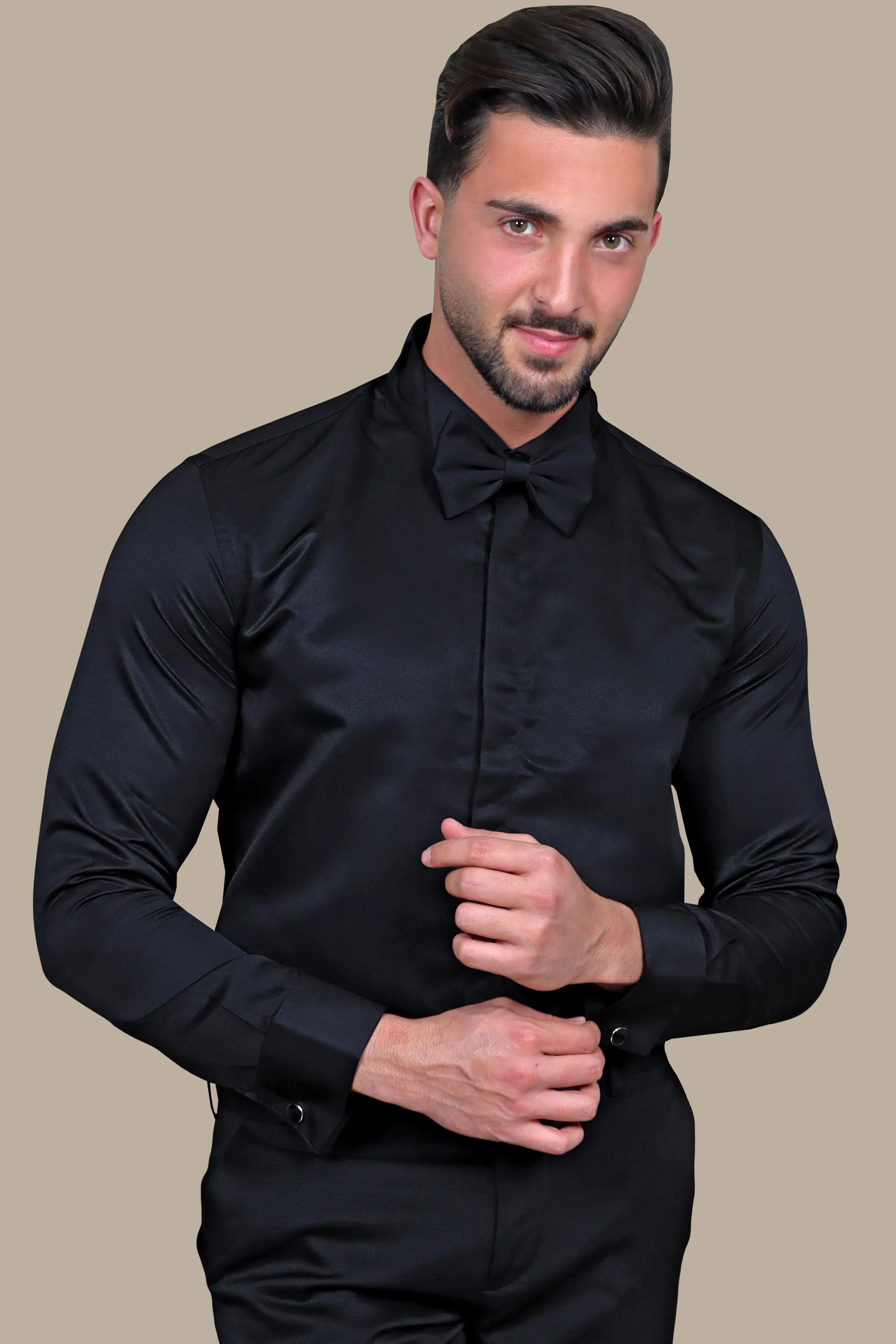 Black Tuxedo Shirt: Hidden Button Detail