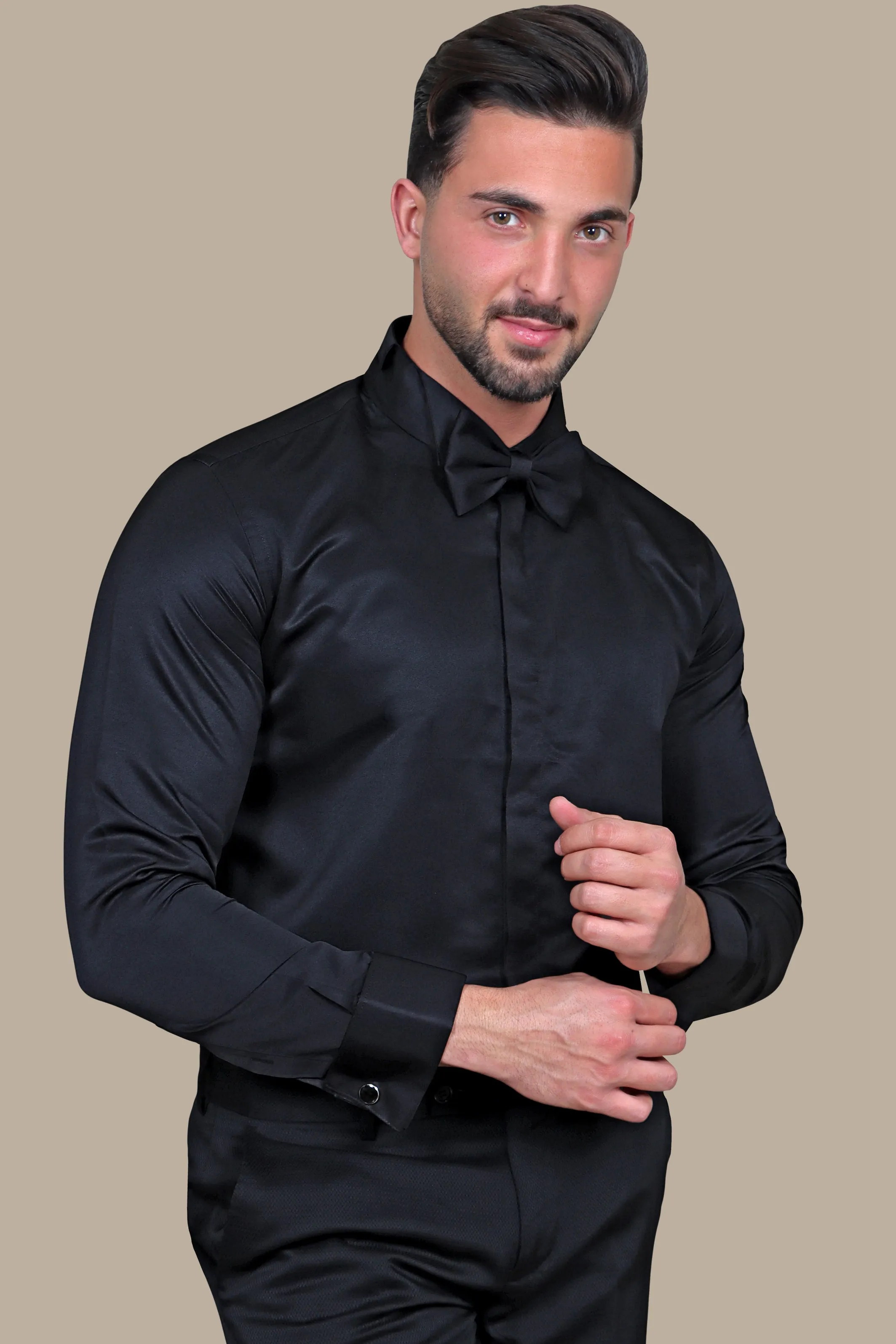 Black Tuxedo Shirt: Hidden Button Detail