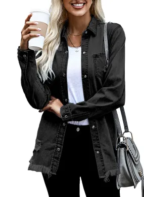 Black Women's Oversized Denim Jacket Casual Long Boyfriend Distresse Jean Jacket Autumn Spring - Dokotoo