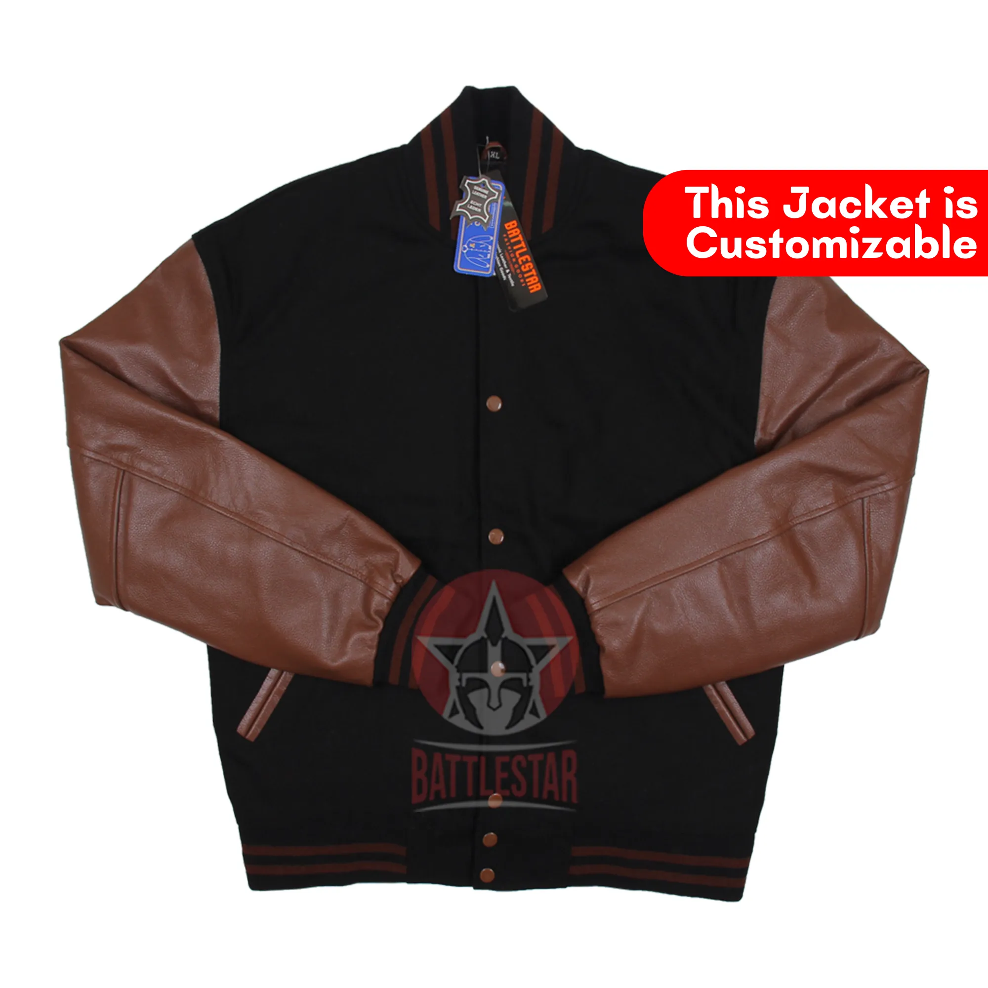 Black Wool Brown Leather Sleeves Varsity Baseball Bomber Jacket