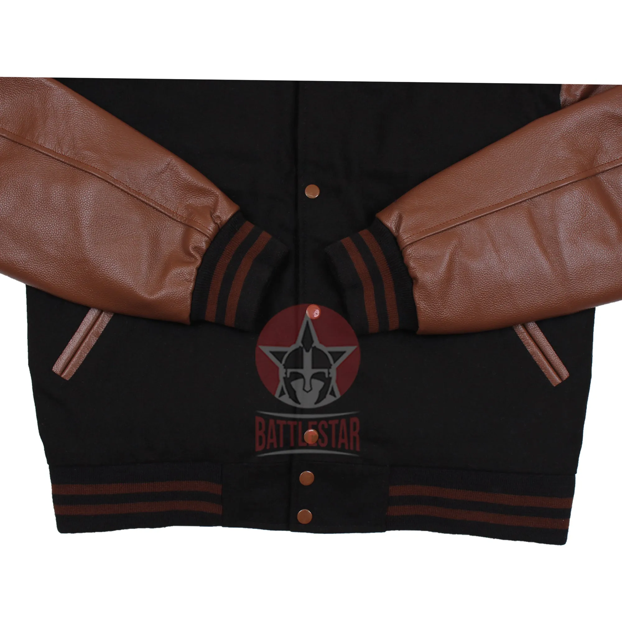 Black Wool Brown Leather Sleeves Varsity Baseball Bomber Jacket