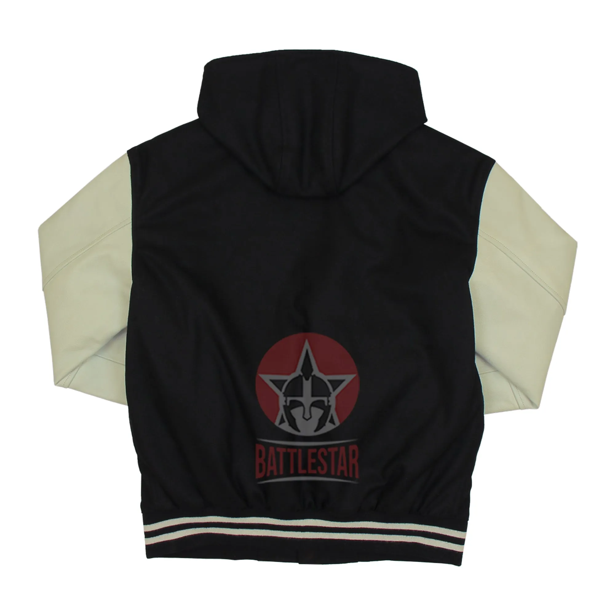 Black Wool Cream Leather Hooded Baseball Letterman Varsity Jacket