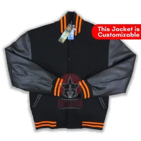 Black Wool Leather Sleeves Orange Rib Varsity Jacket