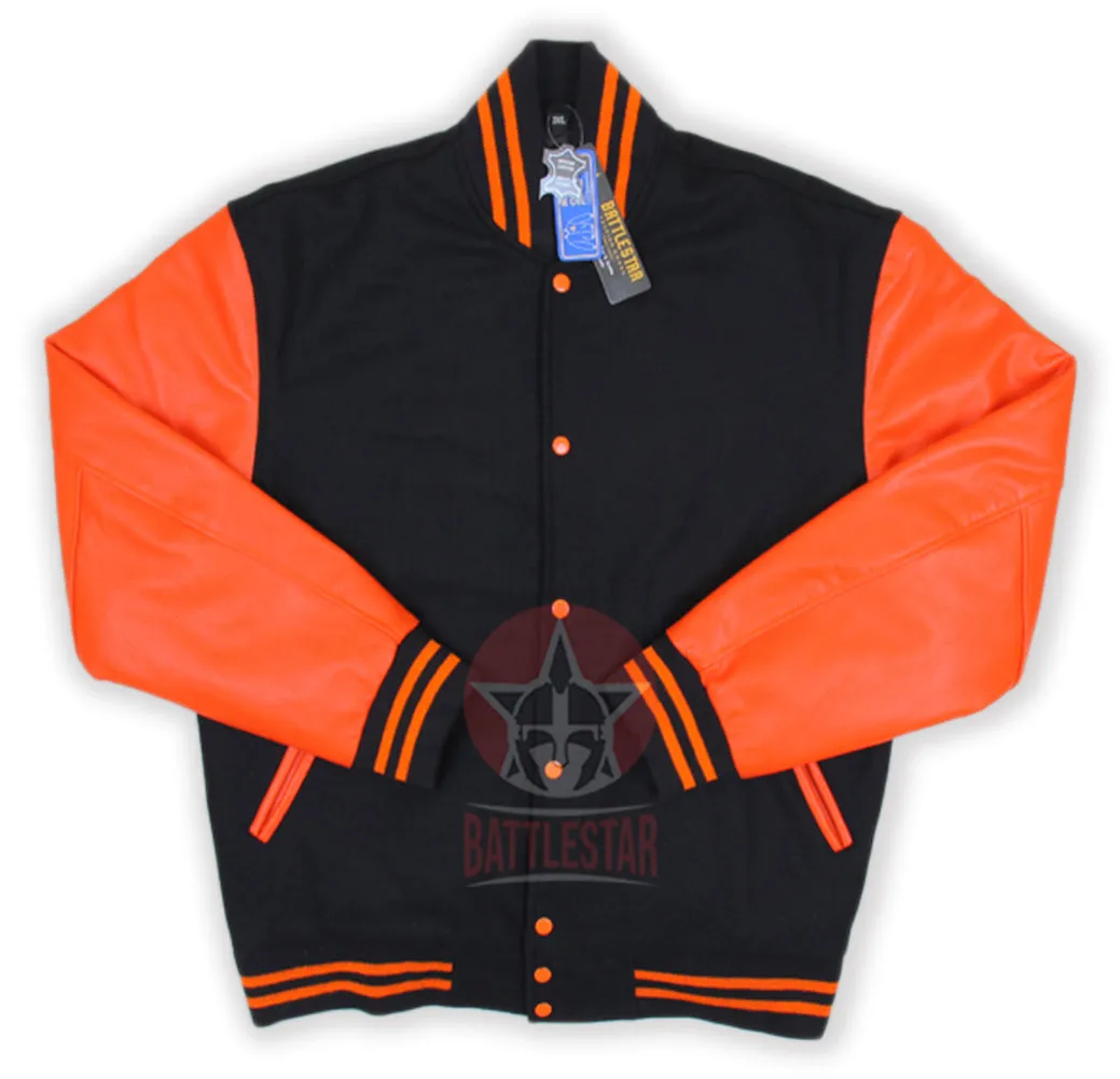 Black Wool Orange Leather Sleeves Varsity Jacket