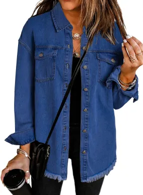 Blue Long Sleeve Women's Oversized Denim Jacket Casual Long Boyfriend Distresse Jean Jacket Autumn Spring - Dokotoo