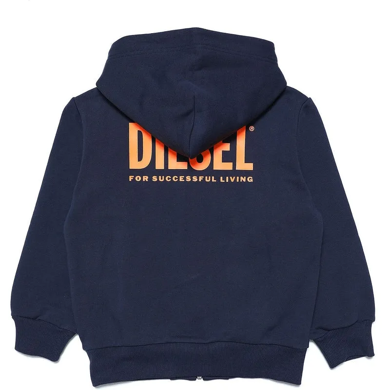 Boys Navy Orange Logo Zip Up Hoodie