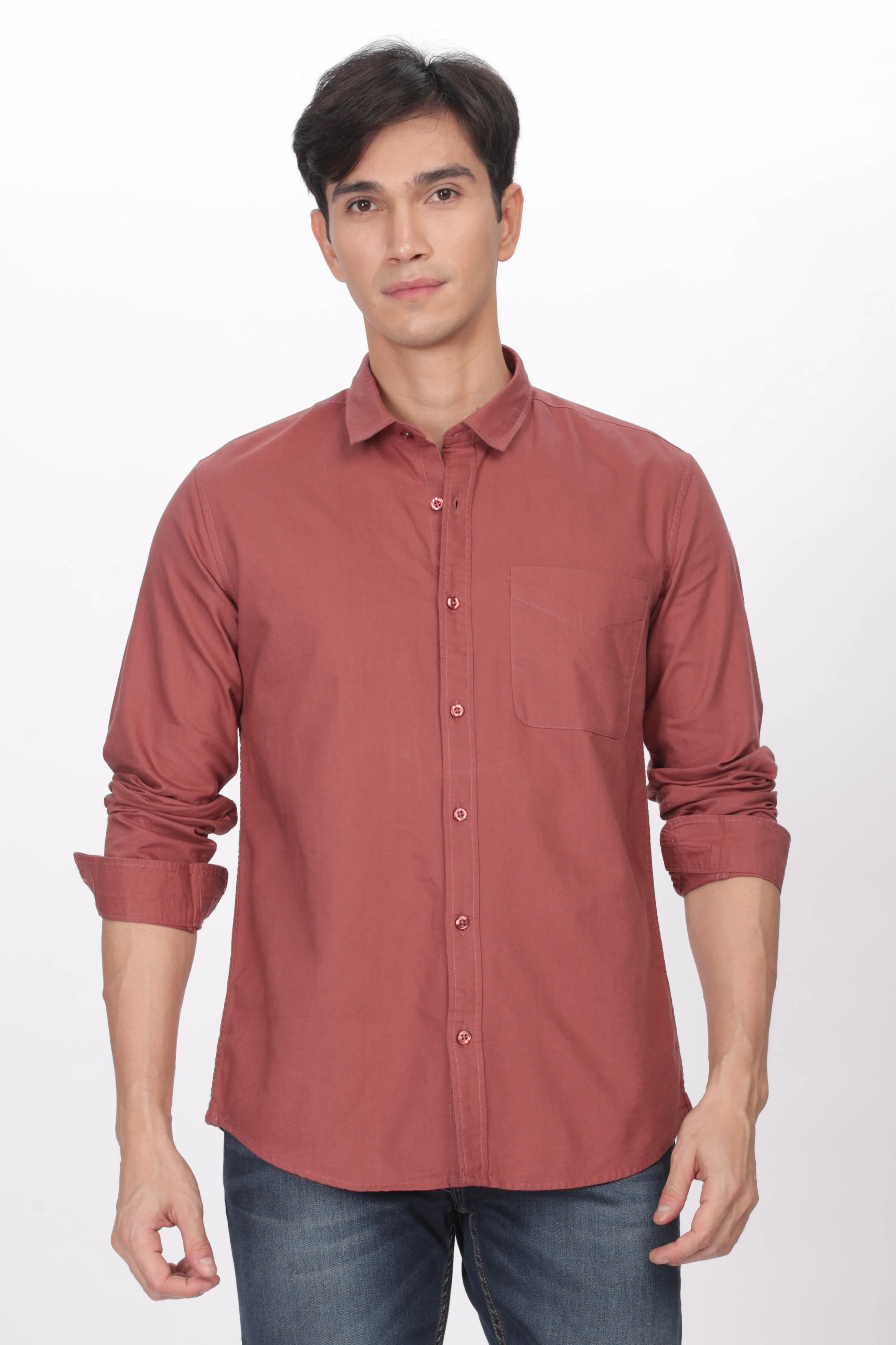 Brick Red Regular Fit Plain Full Sleeve Shirt