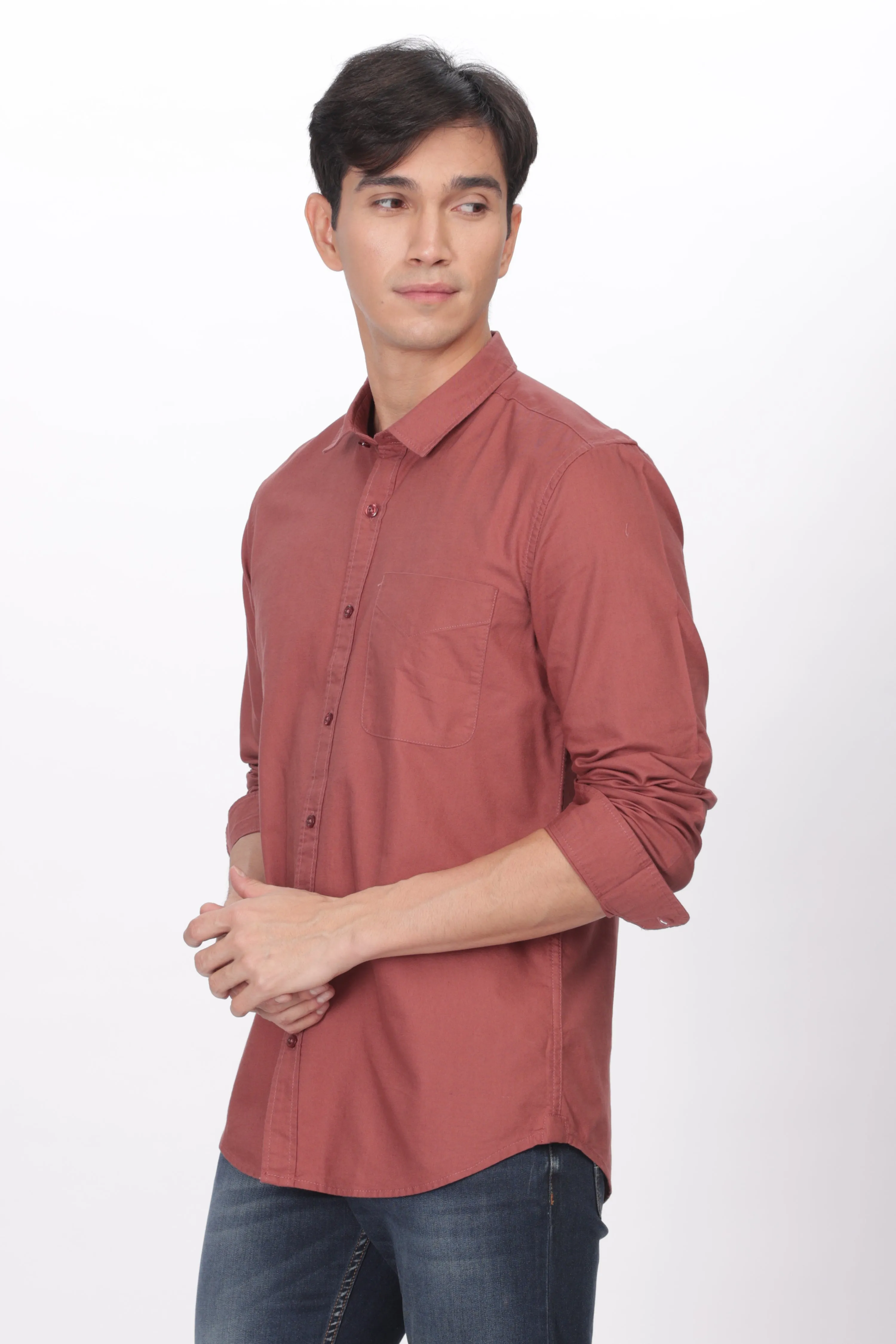 Brick Red Regular Fit Plain Full Sleeve Shirt