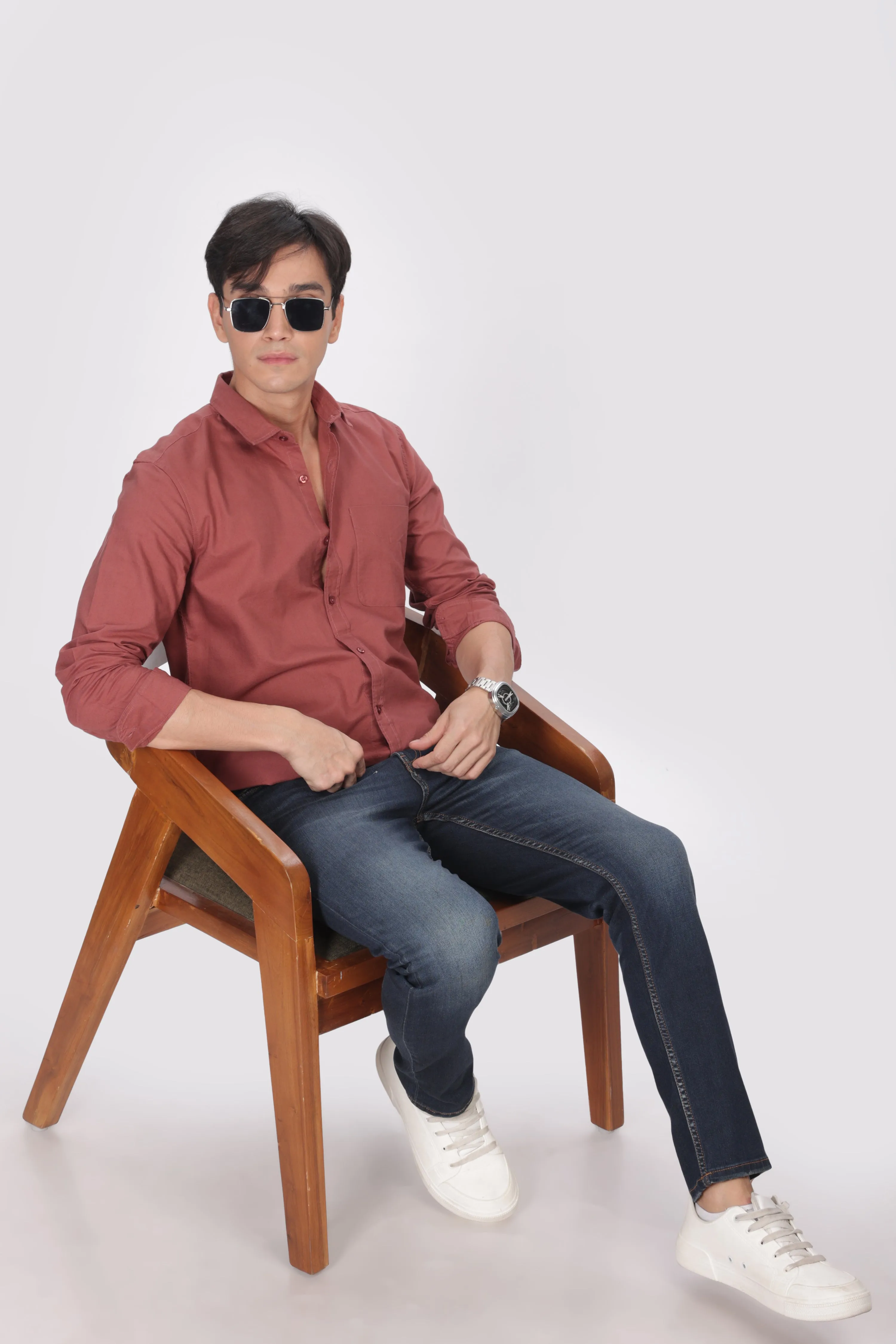 Brick Red Regular Fit Plain Full Sleeve Shirt