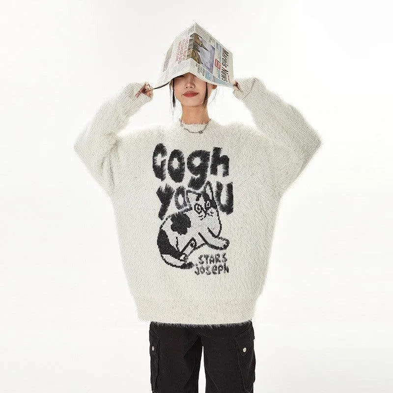 Cartoon Kitten Plush Pullover Sweater – Unisex Cozy Wear