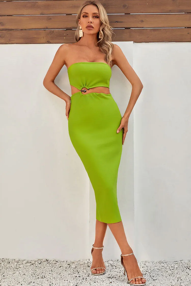 Chic Strapless Notch O Ring Cutout Waist Bodycon Bandage Party Midi Dress - Green