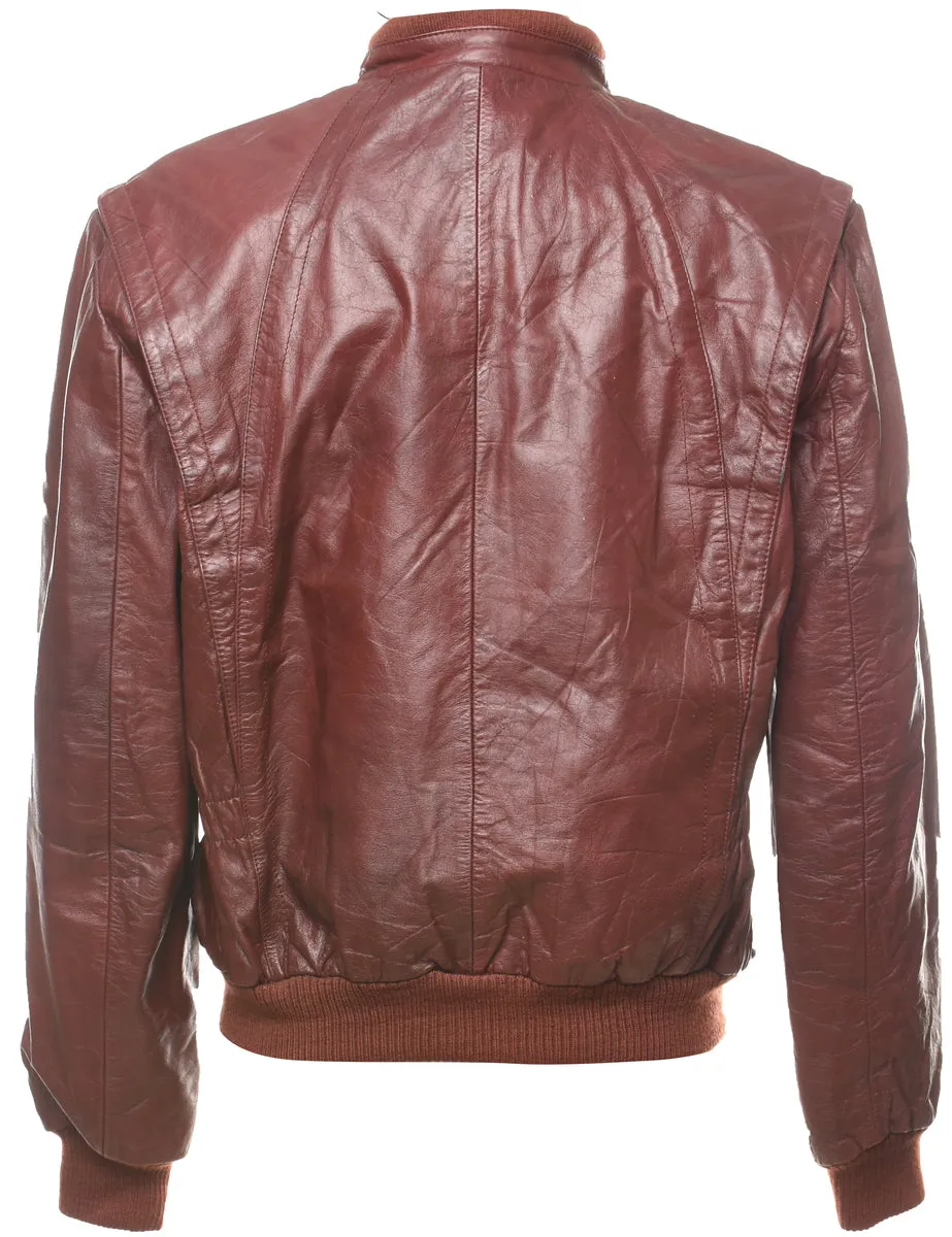 Classic Maroon Zip-Front Leather Jacket - M