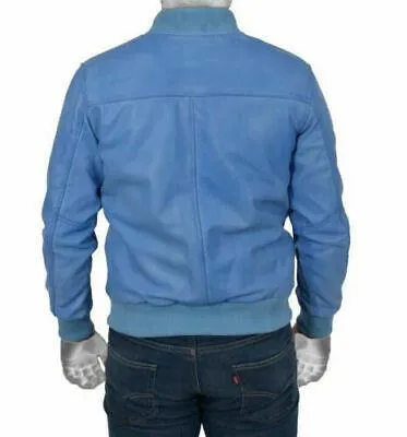 Classic Retro Bomber Varsity Men's Blue Leather Jacket