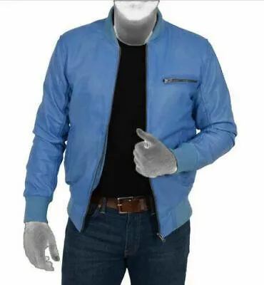 Classic Retro Bomber Varsity Men's Blue Leather Jacket