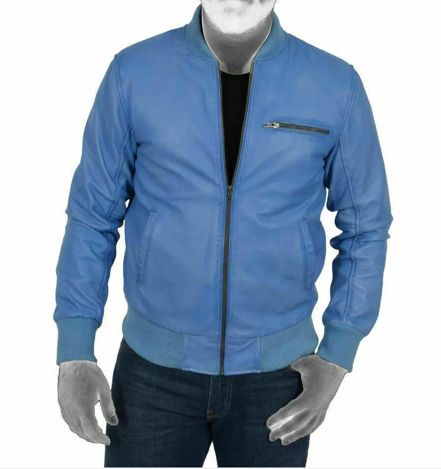 Classic Retro Bomber Varsity Men's Blue Leather Jacket